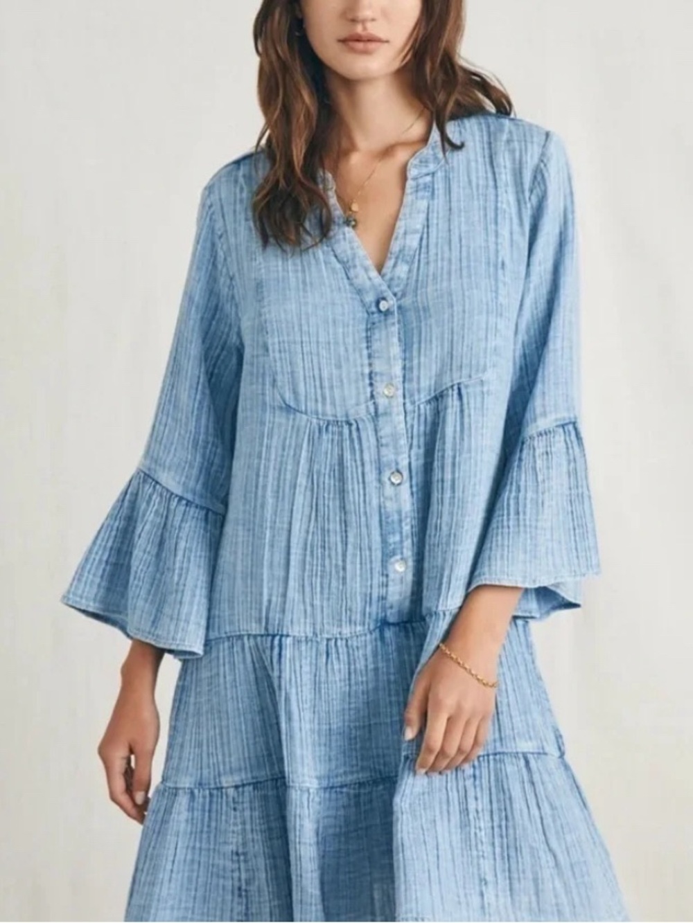 Faherty 100% Cotton Gauze Kasey Dress Classics Light Indigo Wash Size: L